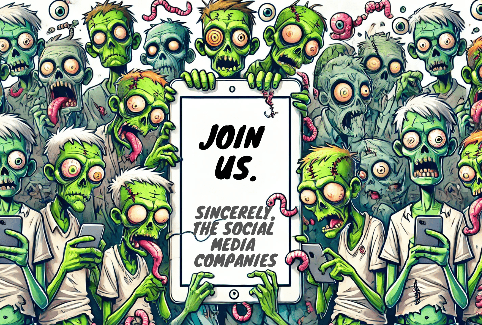 Screen zobmies asking you to join them from the social media companies.